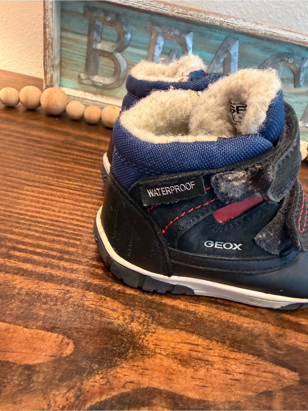 Geox Omar waterproof ankle boots navy red toddler 5 1/2 double strap wool lined - Picture 3 of 7